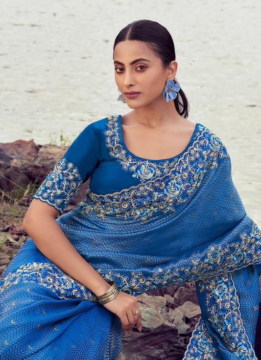 Royal Blue Silk Heavy Embroidery & Hand Work Saree