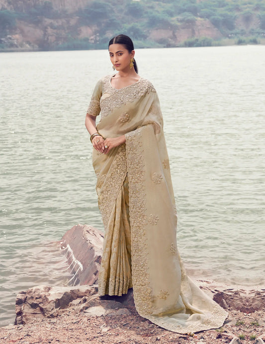 Almond Beige Silk Heavy Embroidery & Hand Work Saree