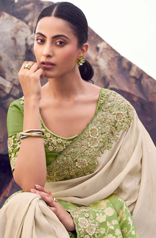 Green-Beige Silk Heavy Embroidery & Hand Work Saree