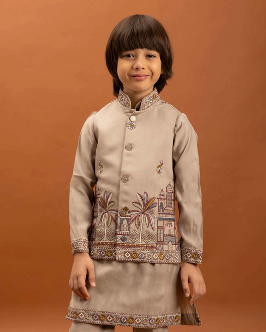 Beige Kurta Set With Thread Sequins Embroidery Work Koti