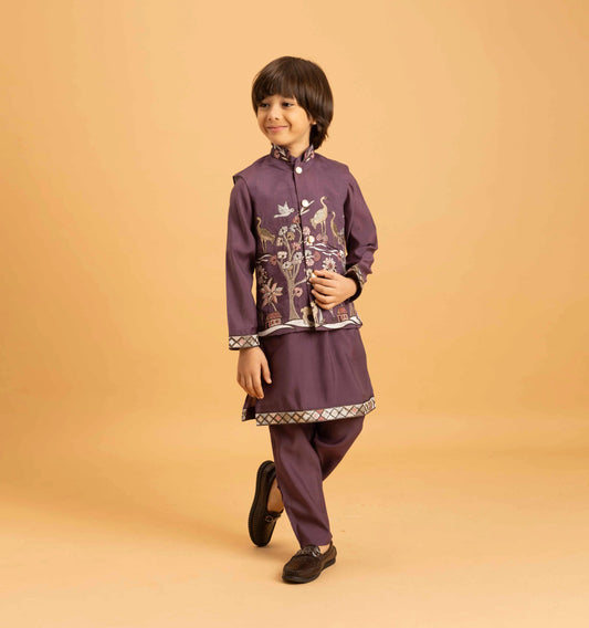 Purple Thread Sequins Embroidery Work Kurta Set With Koti