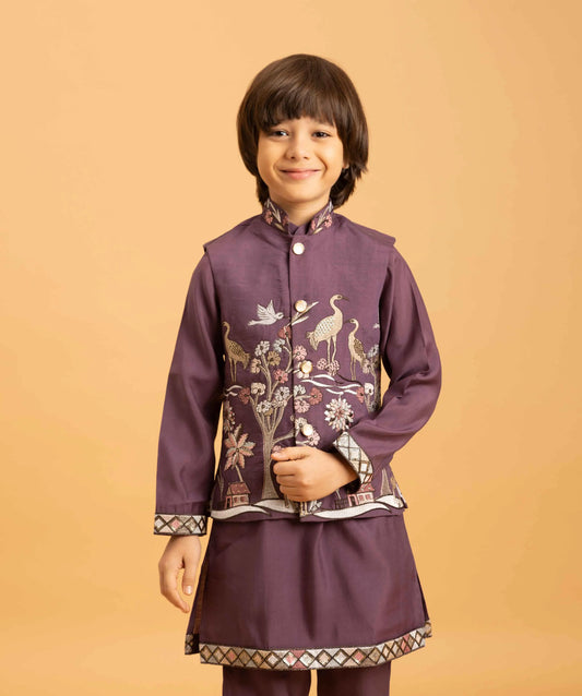 Purple Thread Sequins Embroidery Work Kurta Set With Koti
