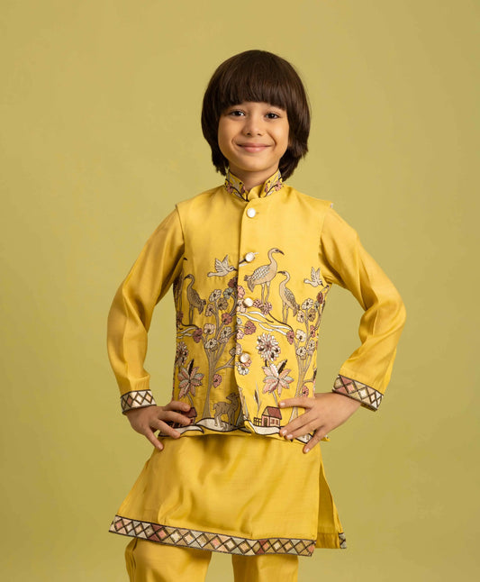 Yellow Thread Sequins Embroidery Work Kurta Set With Koti