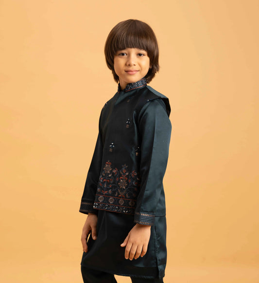 Teal Green Kurta Set With Mirror & Sequins Embroidered Koti