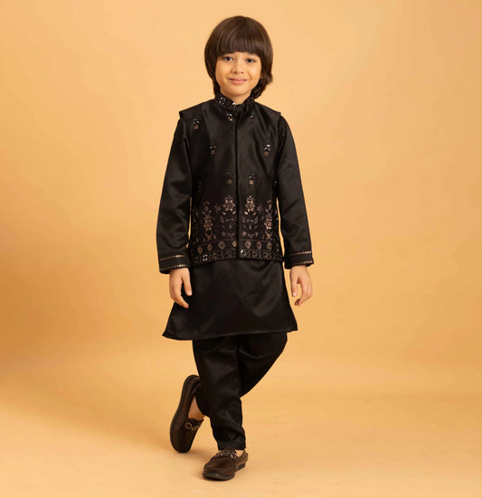 Black Kurta Set With Mirror & Sequins Embroidered Koti