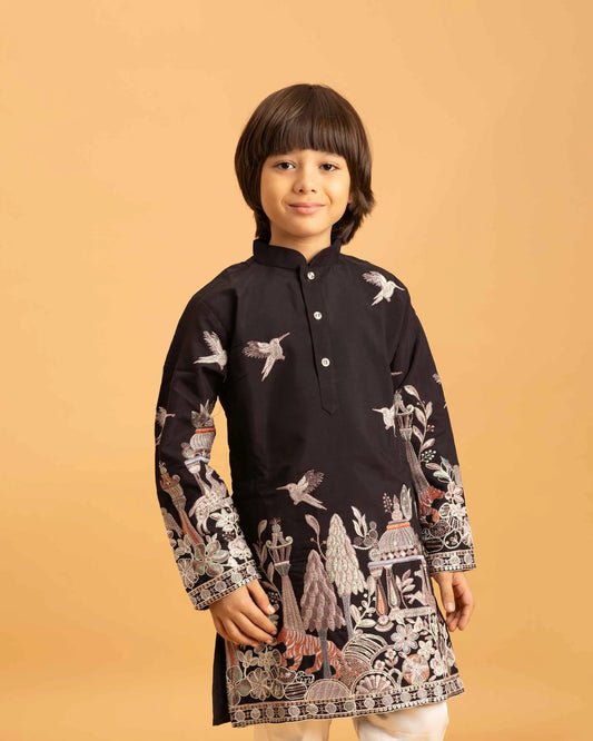 Black Thread Sequins Embroidery Work Kids Kurta Set