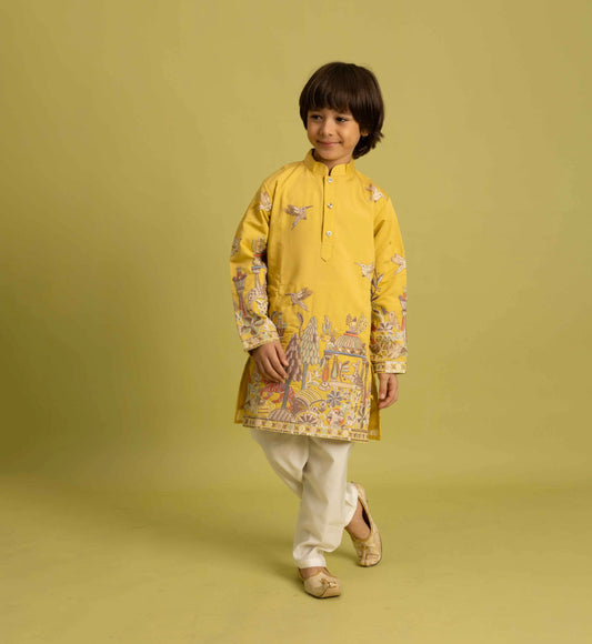 Yellow Thread Sequins Embroidery Work Kids Kurta Set