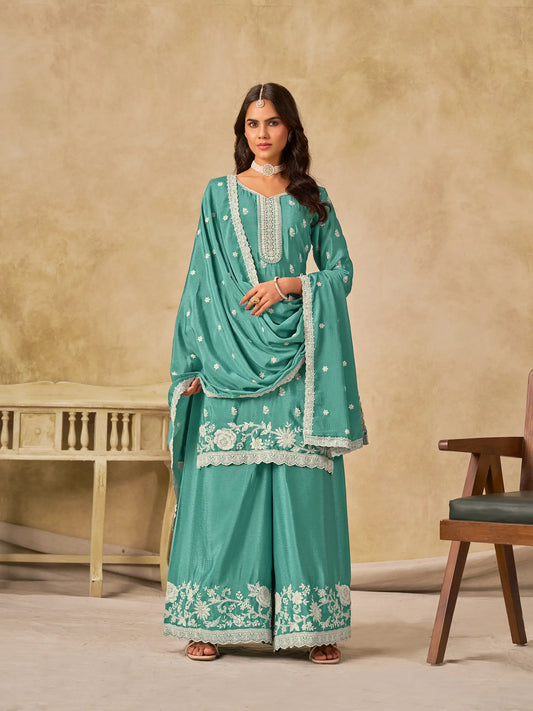 Sky Blue Chinon Embroidery Work Palazzo Suit