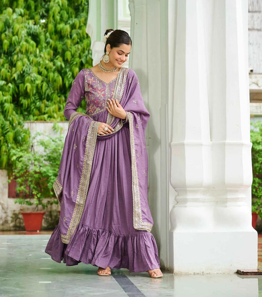 Lavender Sequins Embroidery Work Gown