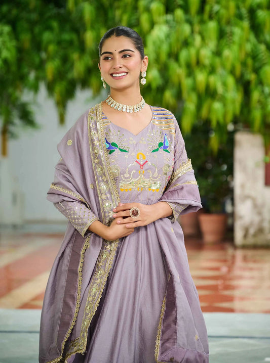 Onion Sequins Embroidery Work Silk Gown