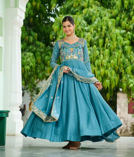 Teal Blue Embroidery Work Silk Gown