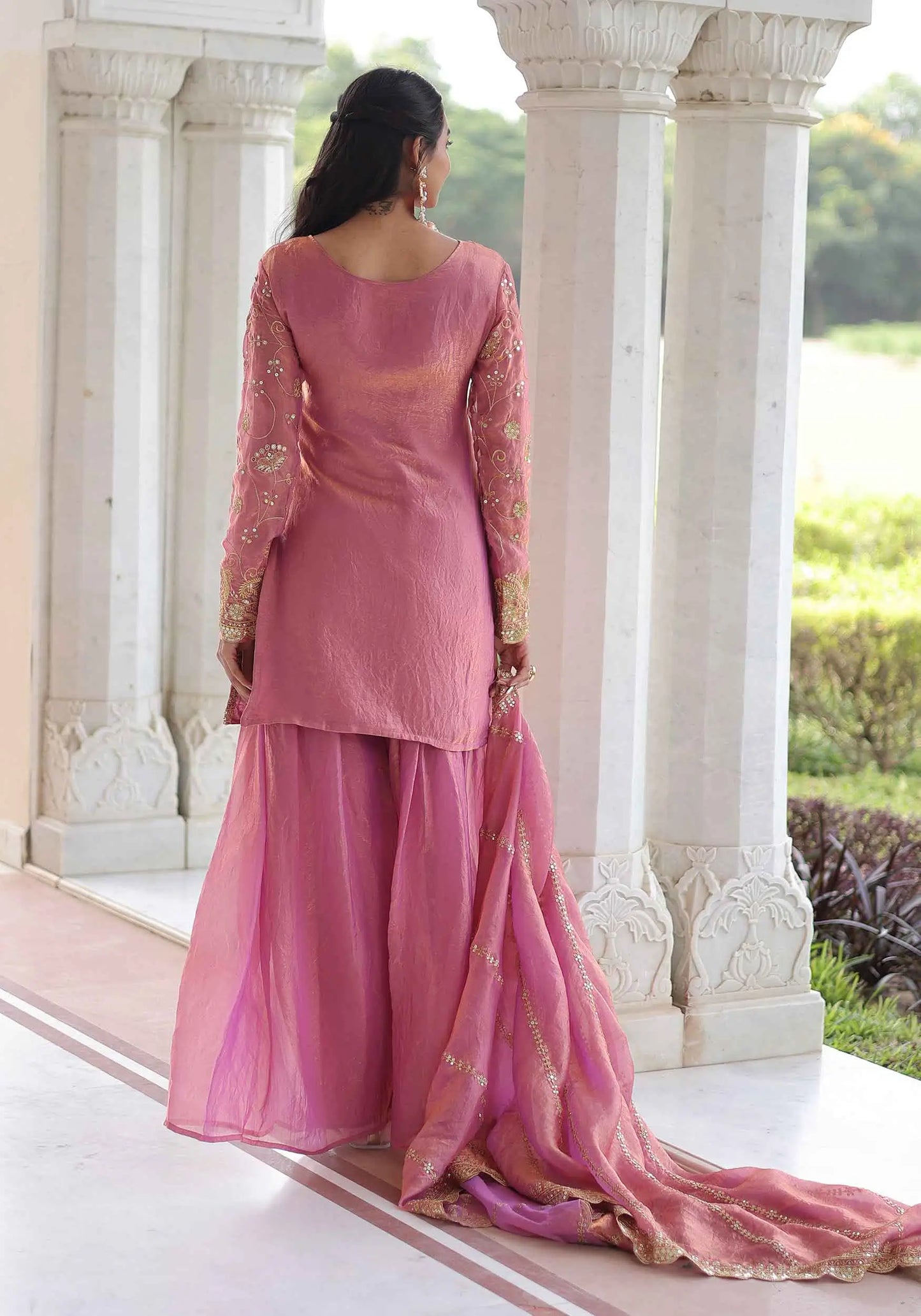 Tulip Pink Silk Sharara Suit With Embroidery Work