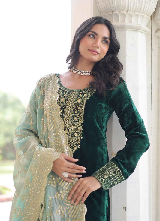 Dark Green Velvet Embroidery Work Salwar Suit