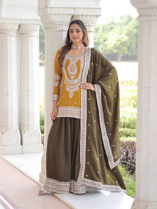 Yellow Silk Sharara Suit With Embroidery