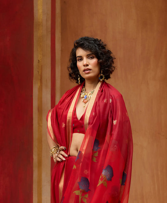 Brick Red Cotton Handloom Weaving Saree
