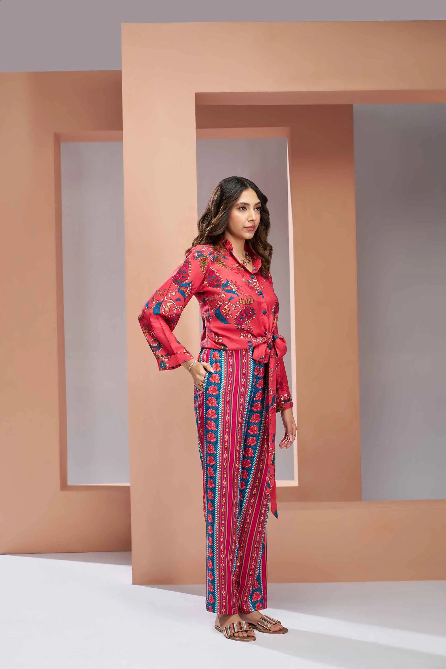 Coral Pink Pure Muslin Silk Printed Co-ord Set