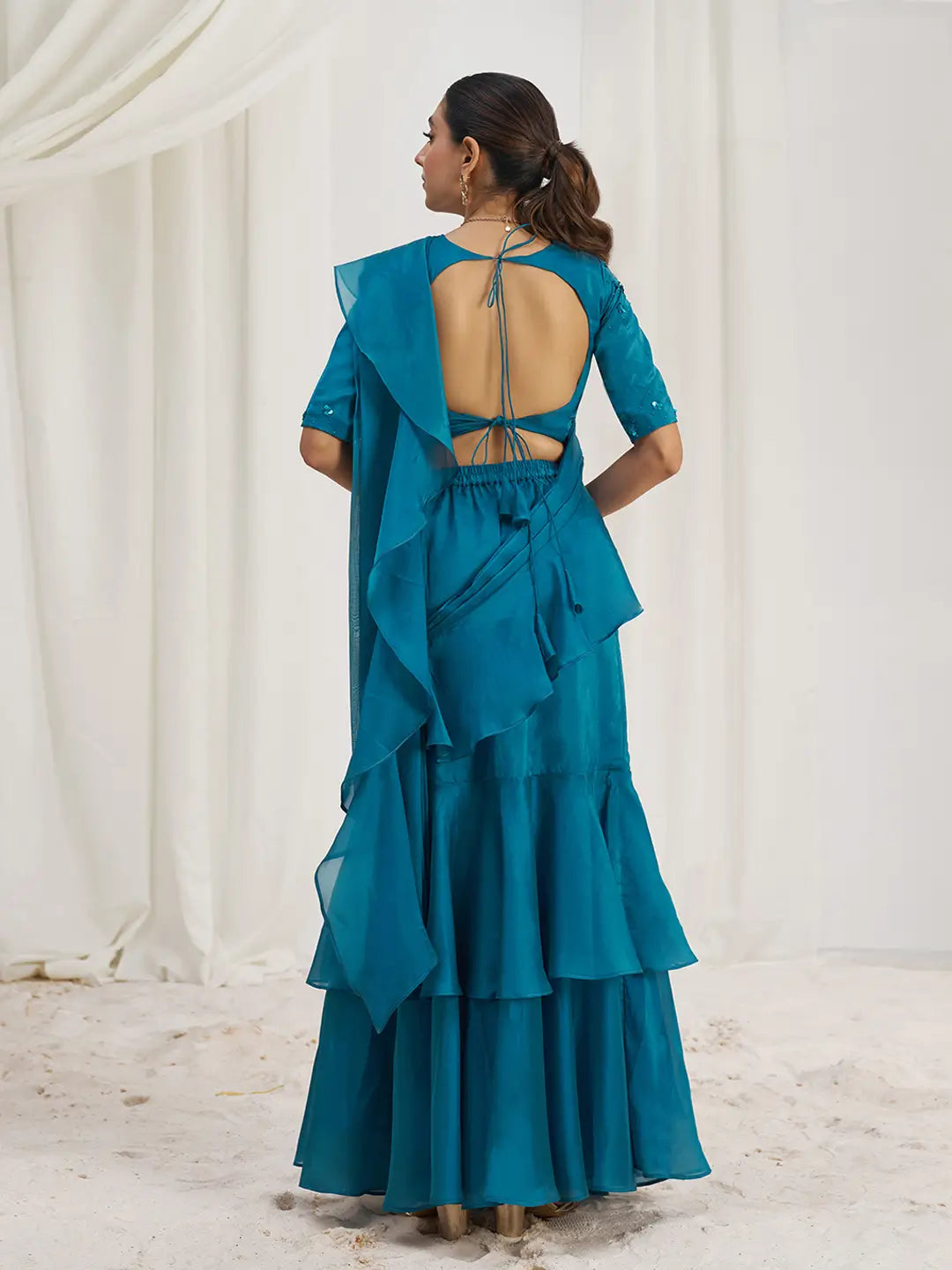 Teal Blue Organza Party Wear Saree With Handwork