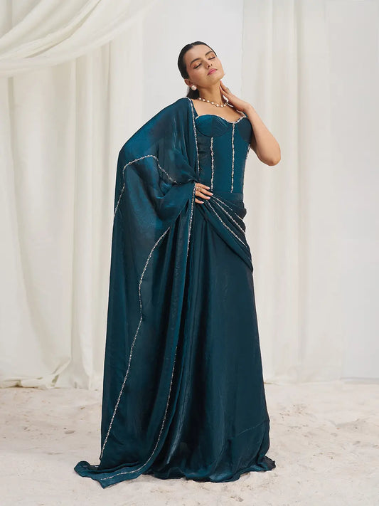 Navy Blue Organza Party Wear Saree With Handwork