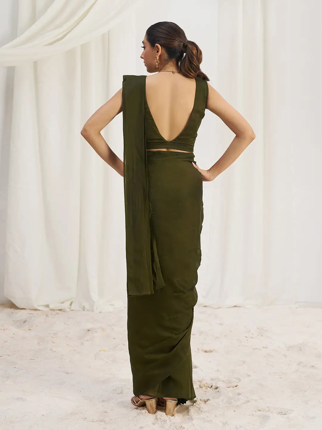 Olive Green Organza Party Wear Saree With Handwork