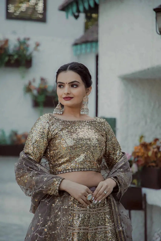 Golden Georgette Dori, Zari & Sequence Embroidery Work Lehenga Choli