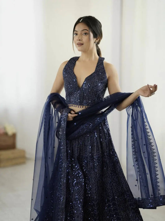 Navy Blue Net Lehenga Choli With Sequins & Dori Work