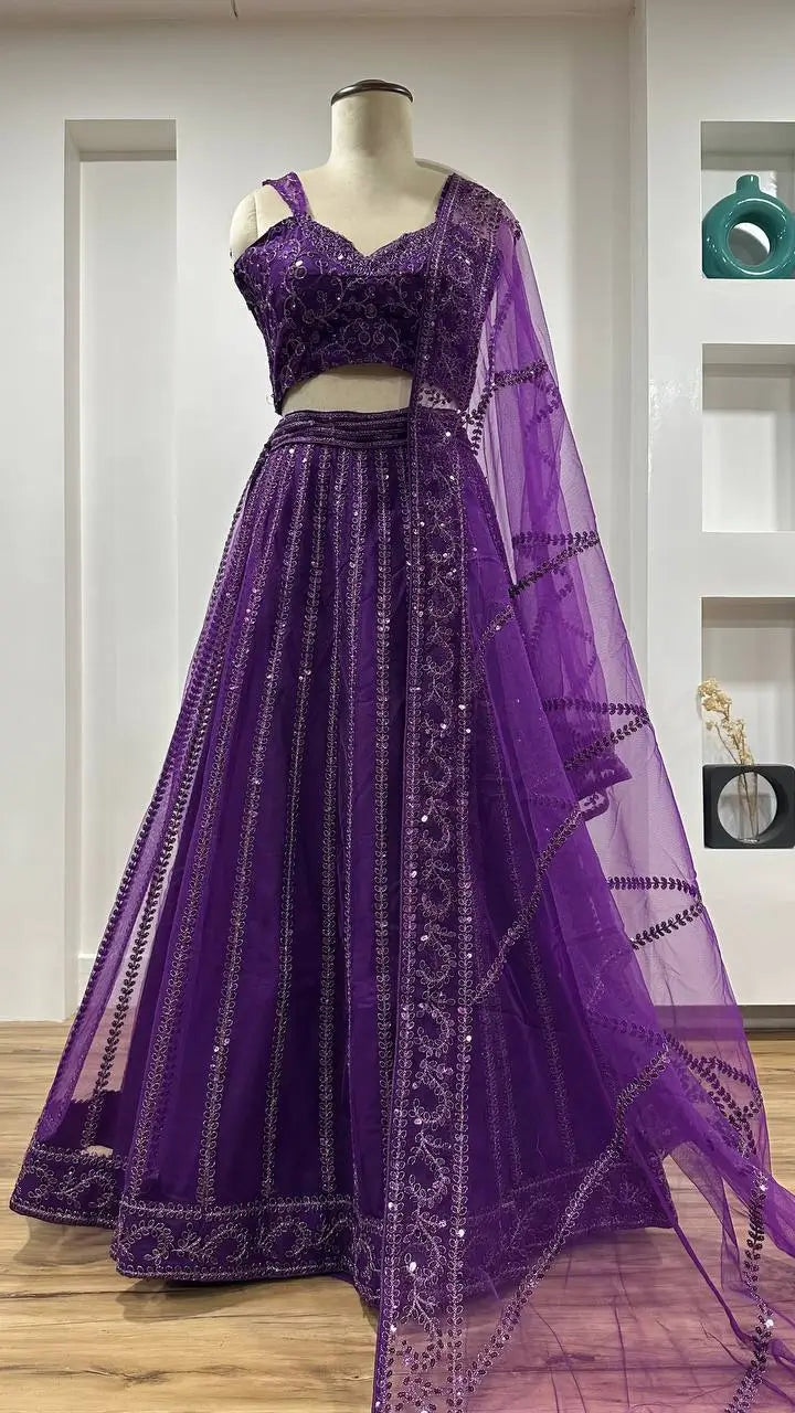 Dark Purple Net Lehenga Choli With Sequins & Dori Work