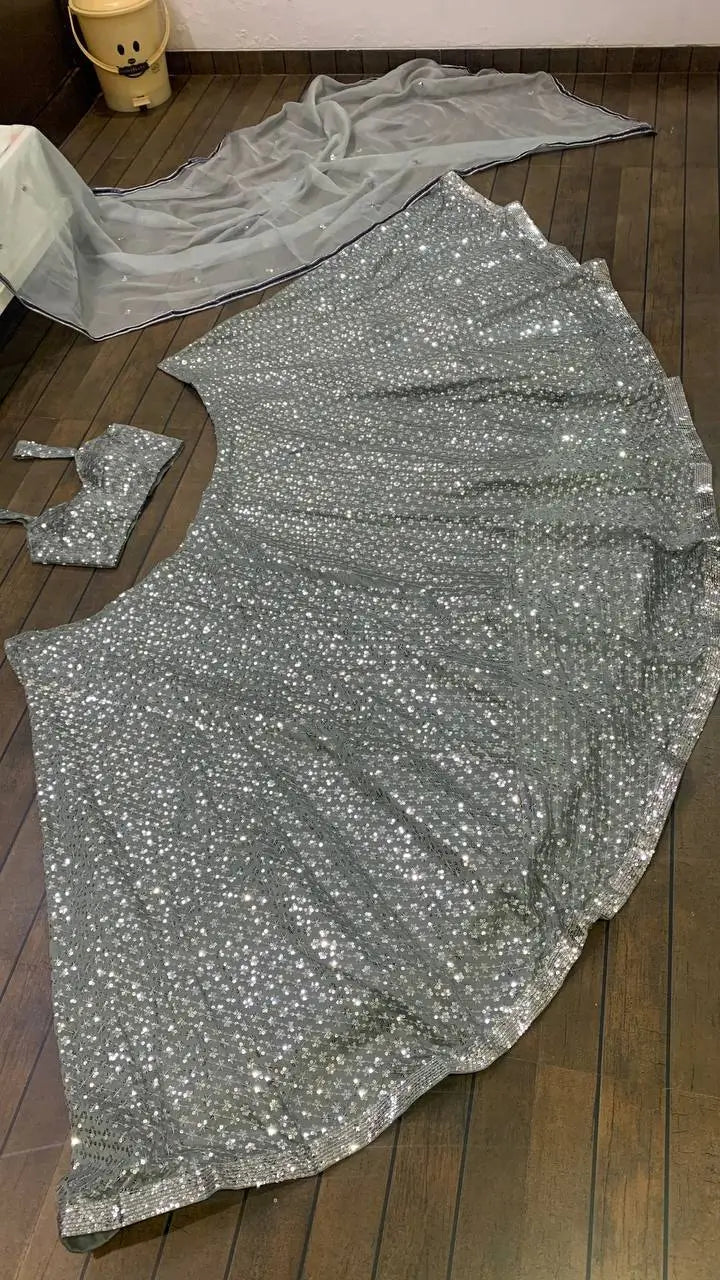 Silver Grey Kasturi Crepe Silk Sequence Embroidery Work Lehenga Choli
