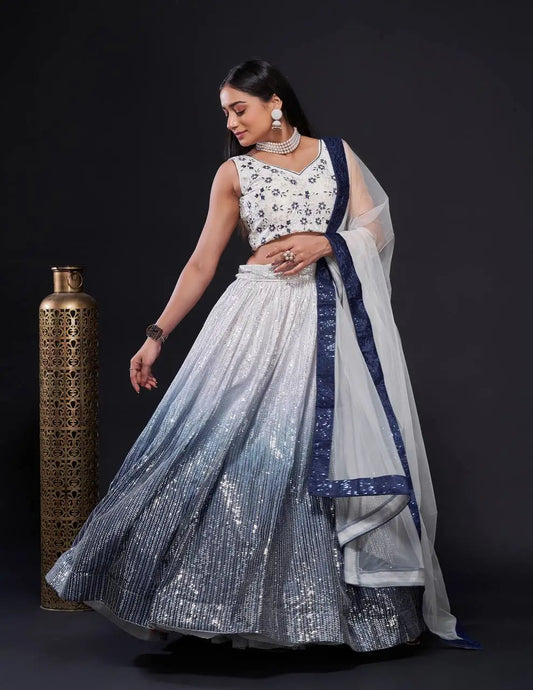 White-Blue Satin Silk Dori & Sequence Embroidery Work Lehenga Choli