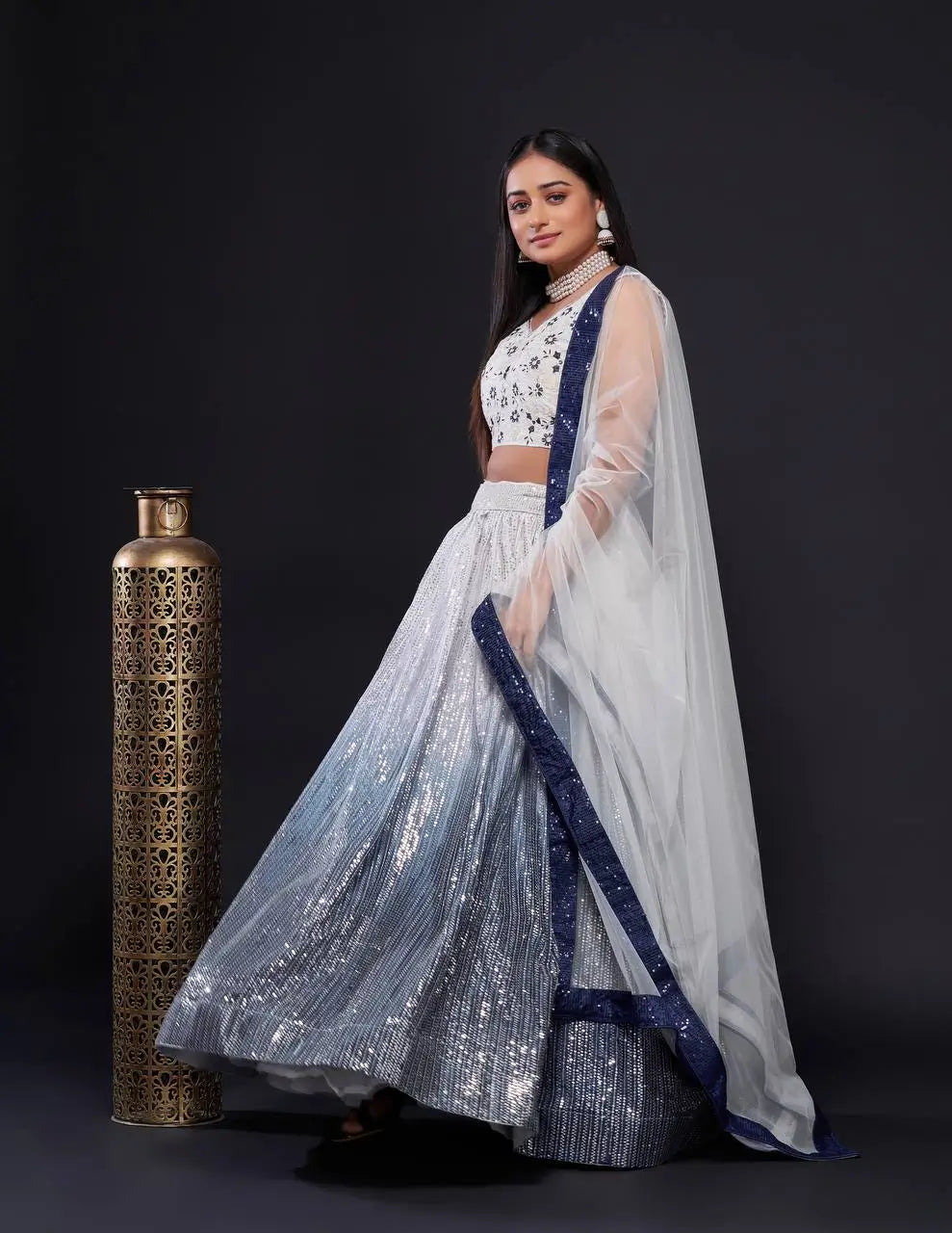 White-Blue Satin Silk Dori & Sequence Embroidery Work Lehenga Choli