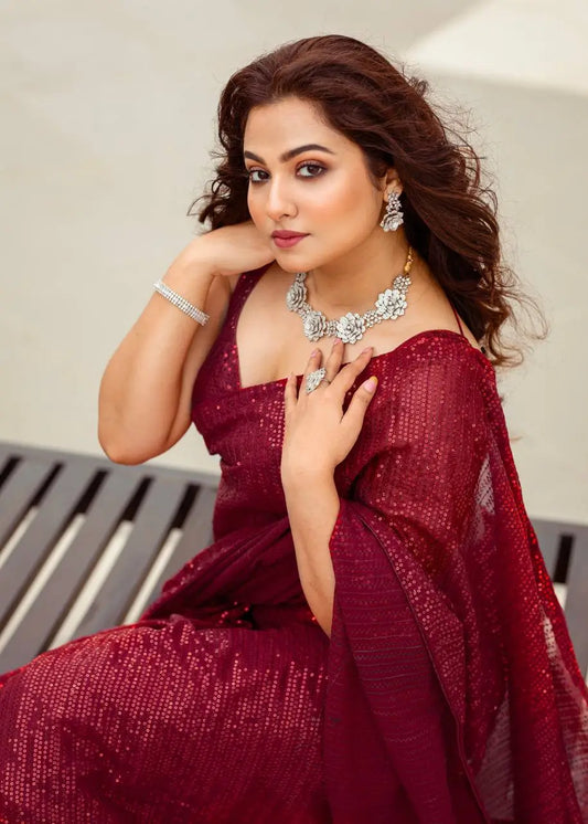 Hot Red Georgette Saree With Sequence Work