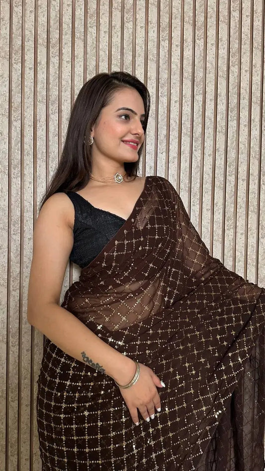 Dark Brown Georgette Saree With Sequins Embroidery Work
