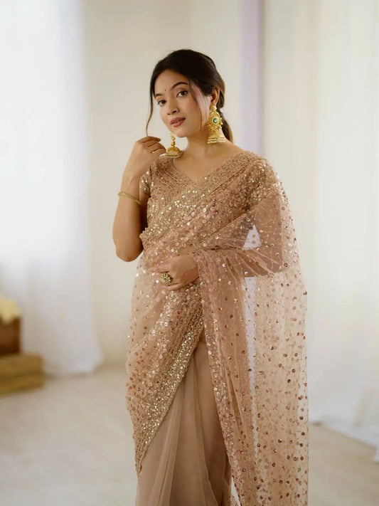 Golden Beige Net Saree With Sequins & Dori Work