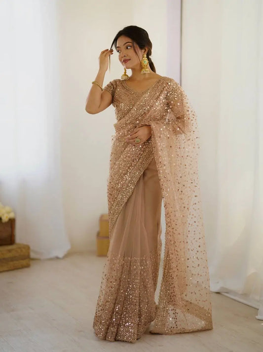 Golden Beige Net Saree With Sequins & Dori Work