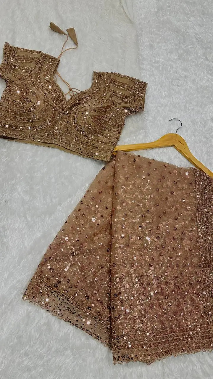 Golden Beige Net Saree With Sequins & Dori Work