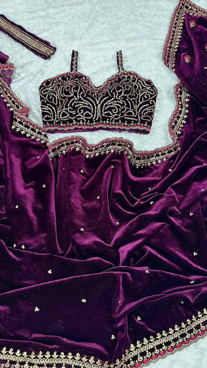 Wine Velvet Saree With Sequins, Zari & Thread Work