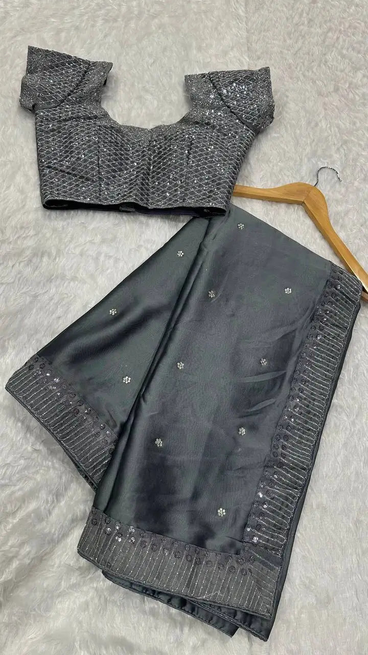 Grey Rangoli Silk Saree With Sequins, Dori & Stone Work