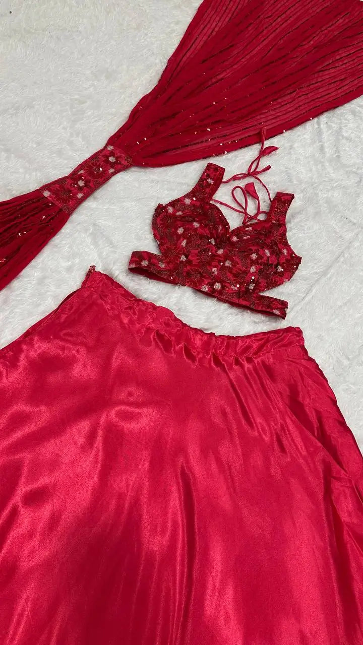 Red Satin Silk Lehenga Choli With Thread, Sequence & Dori Work