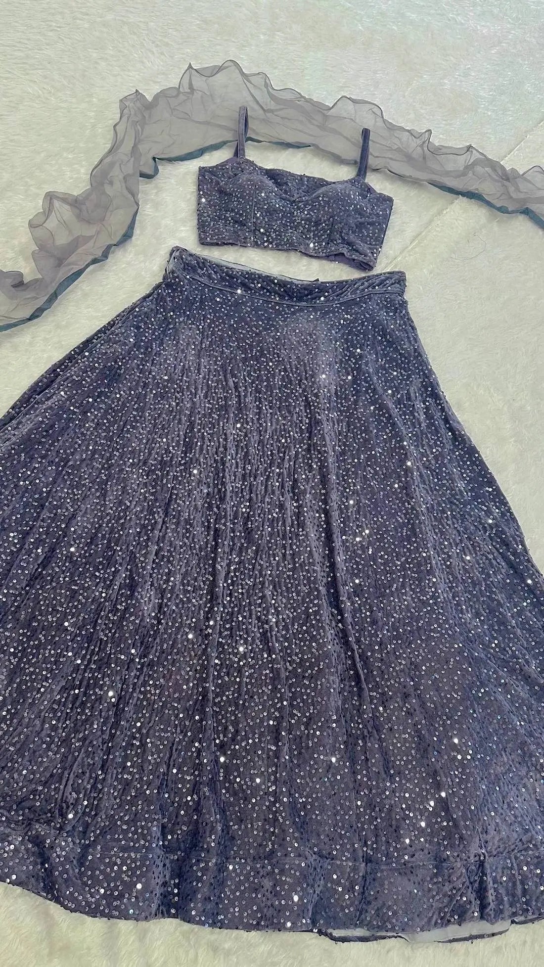 Grey Velvet Sequin Work Lehenga Choli With Ruffle Dupatta