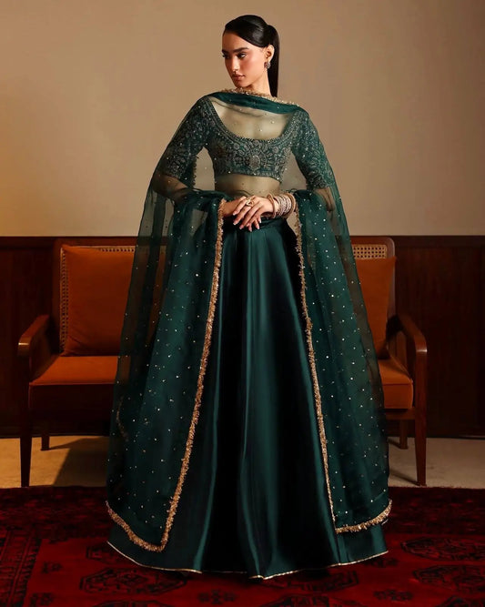 Deep Green Satin Embroidery Lehenga Choli