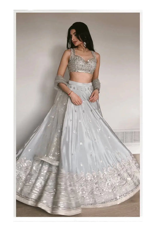 Cloud Grey Satin Silk Embroidery Lehenga Choli