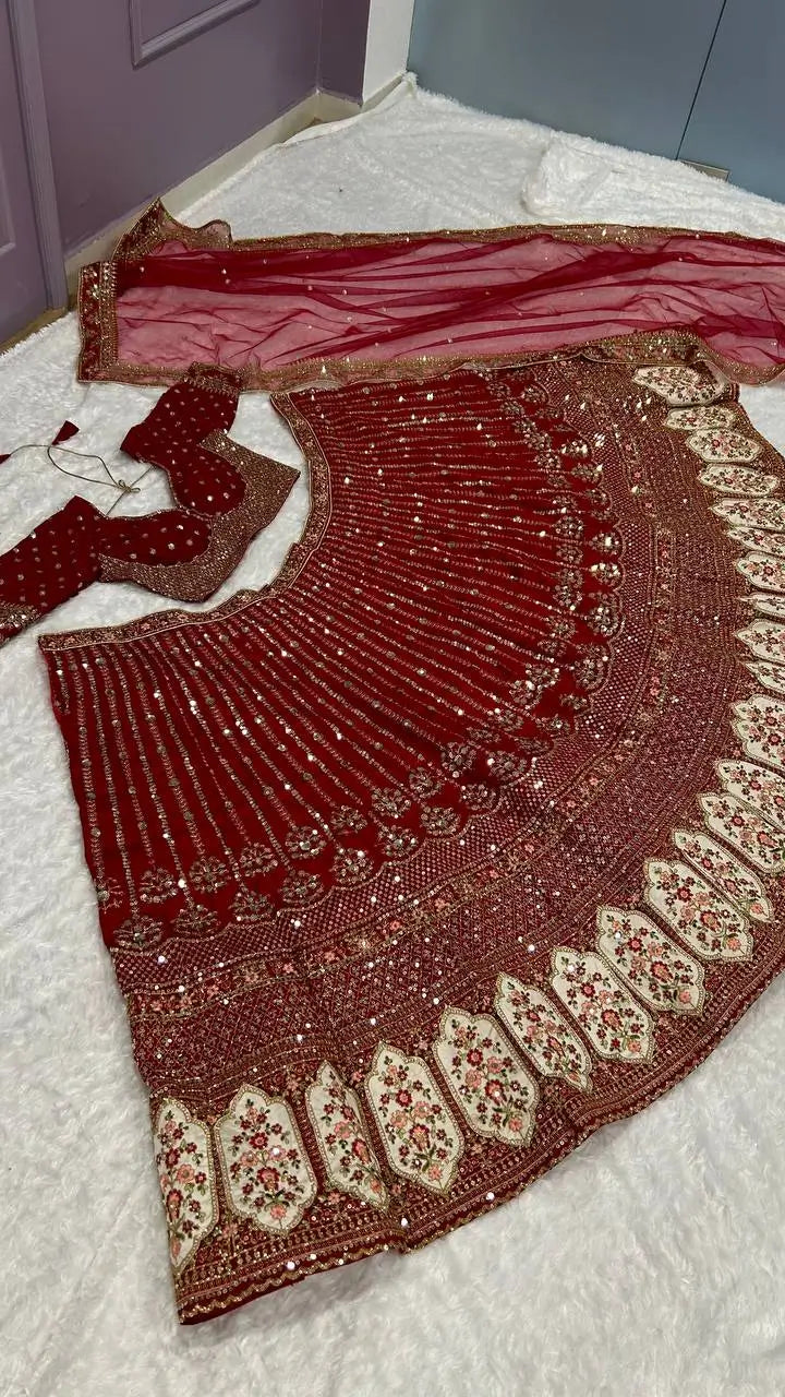 Red Rangoon Silk Sequence, Thread & Dori Work Lehenga Choli