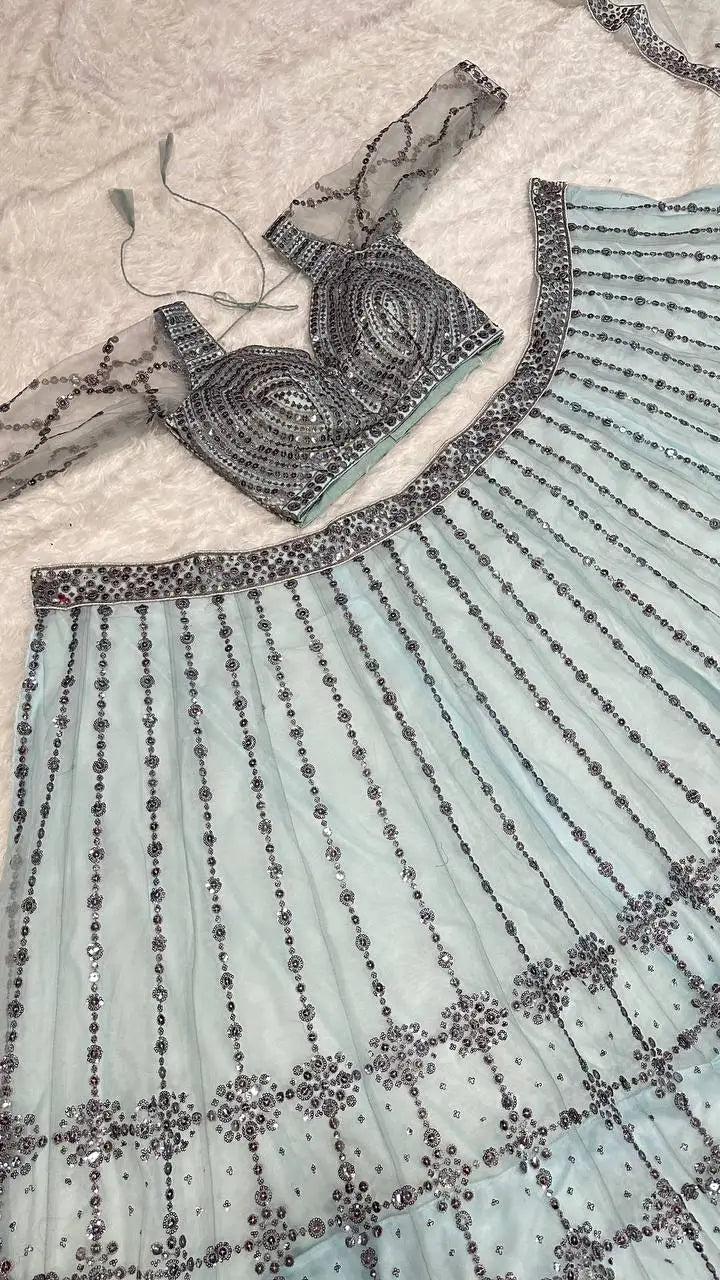 Sky Blue Net Sequence Work Lehenga Choli