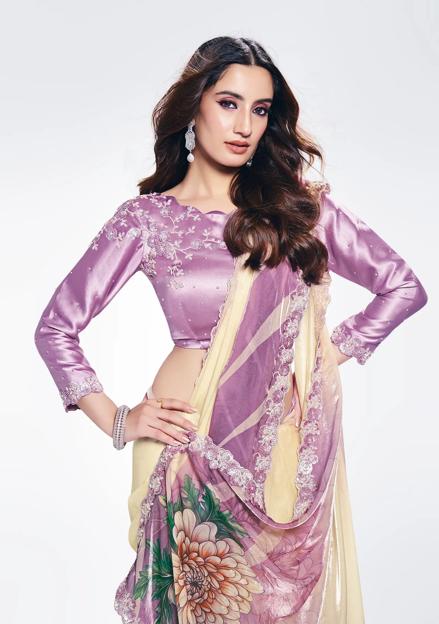 Lavender Satin Silk Saree With Print & Stone Handwork