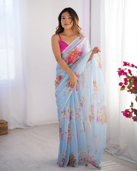 Sky Blue Floral Printed Organza Saree