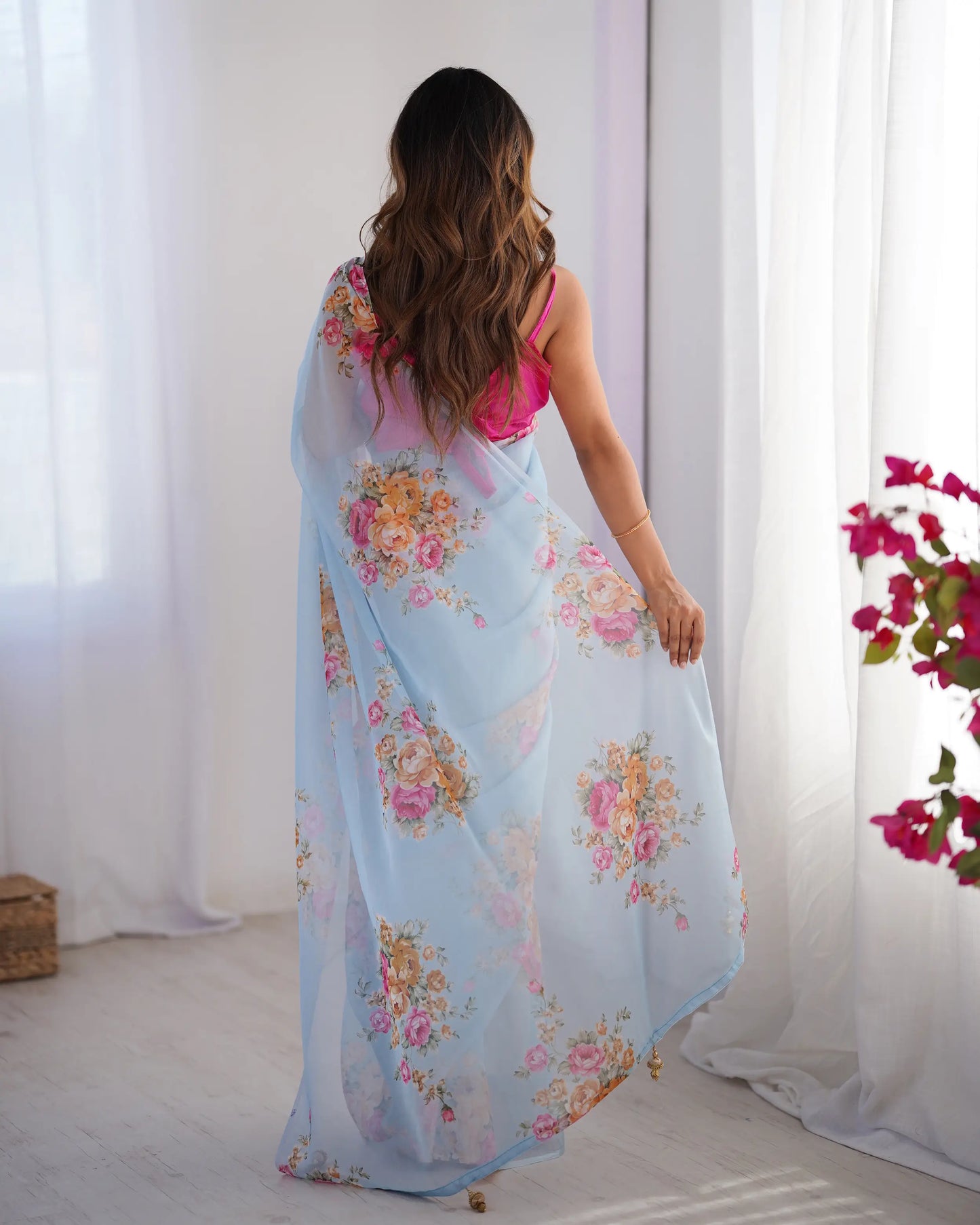 Sky Blue Floral Printed Organza Saree