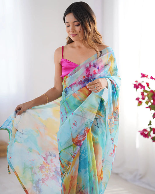 Multicolor Digital Printed Organza Saree