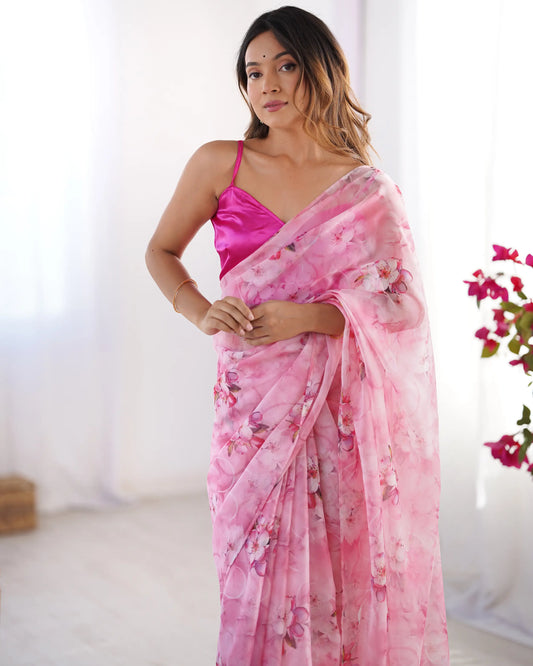 Rosy Pink Floral Printed Organza Saree