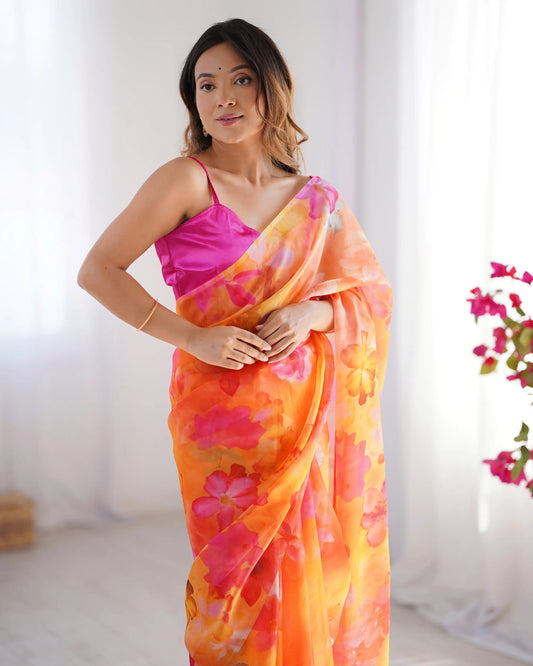 Orange Floral Printed Organza Saree