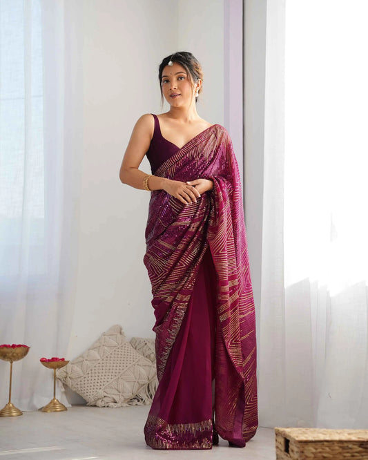 Designer Wine Georgette Sequins Embroidery Work Saree