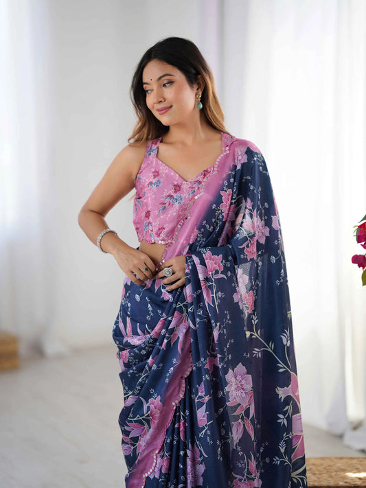Navy Blue Digital Floral Print With Mirror Cut Work Saree